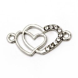 Metal connecting element hearts with crystal 27x13.5 mm hole 1.5 mm color white