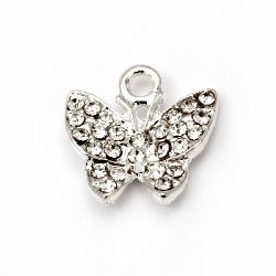 Shiny metal butterfly pendant with crystals 16x15.5 mm hole 1.5 mm color white