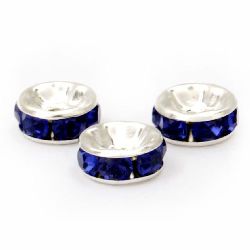 Шайба метал с кристали сини 8x3.5 мм дупка 1.5 мм цвят бял -10 броя