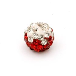 Мънисто шамбала полимер с кристали 10 мм дупка 1.5 мм бяло и червено