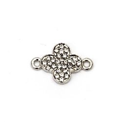 Metal connecting element four-leaf clover with shimmering crystals 15x12x2.5 mm hole 1.5 mm silver color