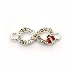 Metal jewelry component - connecting element infinity sign with ladybug and tiny crystals 23x8.5x3 mm color silver - 2 pieces