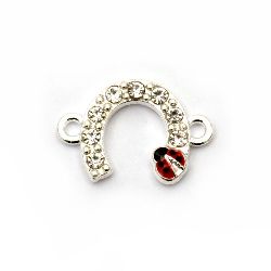 Lucky metal jewelry connector - horseshoe with ladybug and crystals 20x14x2.5 mm hole 1.5 mm color silver - 2 pieces