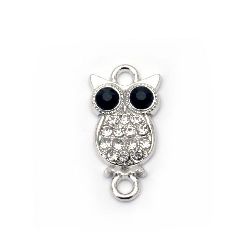 Connecting element, metal owl bead with crystals 21x11x3 mm hole 2 mm color silver - 2 pieces