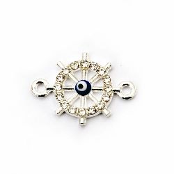 Metal ship steering wheel connecting element with crystals and lucky blue eye 21x15 mm color silver - 2 pieces