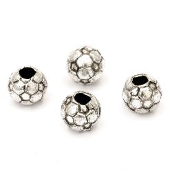 Мънисто метализе топче футбол 8.5 мм дупка 4 мм цвят сребро -20 грама ~56 броя