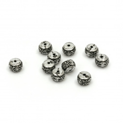 Еngraved Round Plastic Bead with Metal Finnish, 8x5.5 mm, Hole: 1 mm, Old Silver -50 grams ~ 200 pieces