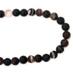 Natural Striped Agate  Beads Strand, Round, Frosted, Dyed, Black and Brown 12mm ~ 33 pcs