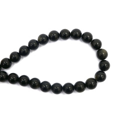 String of Semi-Precious Stone Beads Natural Silver Sheen OBSIDIAN, Ball: 12 mm ~ 33 pieces