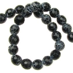 String Natural Stone Beads,  Cracked Faceted Balls / BLACK AGATE, 8 mm ~ 48 Pieces