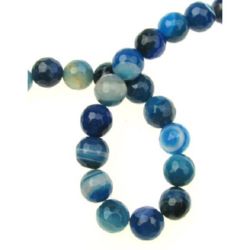 String of Colored Semi-precious Stone Beads / STRIPED AGATE, Blue, Faceted Ball: 10 mm ± 37 pieces