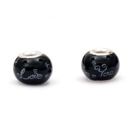 Painted art round glass bead 11.5x14 mm hole 5 mm with inscription "Love"