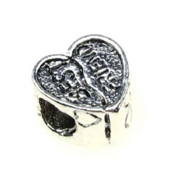 Heart shaped metal bead, Pandora type element 12x13x8 mm hole 4 mm color silver