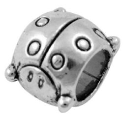 Metal ladybug art bead, Pandora style for jewelry making 8x9 mm hole 5.5 mm color silver
