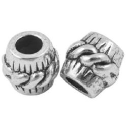Art cylinder shaped bead, Pandora style 11x10 mm hole 5 mm metal color silver