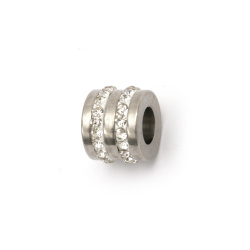 Cylinder bead with small crystals, stainless steel 304 12x10.5 mm hole 6 mm color silver