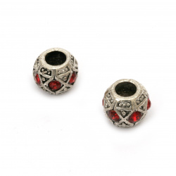Tibetan Style Мetal ART Bead with Red Crystals, 11.5x9.5 mm, Hole: 5 mm