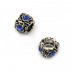 Metal ART Bead with Dark Blue Crystals for DIY Jewelry Accessories, 10x9 mm, Hole: 5 mm