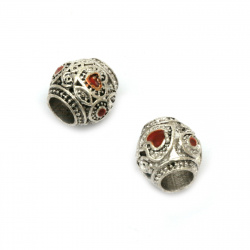Metal ART Bead, Old Silver Imitation with Red Paint, 10x10 mm, Hole: 4.5 mm