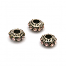 Tibetan Style Metal ART Bead with Pink Rhinestones, 12x6 mm, Hole: 4 mm