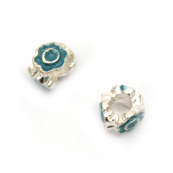 Metal ART Bead with Painted Flowers, Silver and Blue, 11x8 mm, Hole: 5 mm