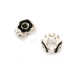 Metal ART Bead with Painted Flowers, Silver and Black, 11x8 mm, Hole: 5 mm