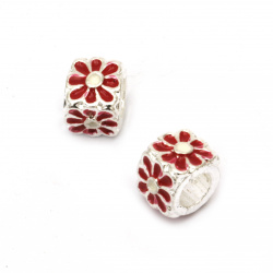 Metal Cube ART Bead with Painted Flowers, Silver and Red,  10x10 mm, Hole: 5.5 mm