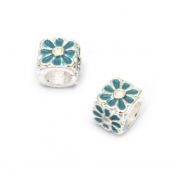Metal Cube ART Bead with Painted Flowers, Silver and Blue,  10x10 mm, Hole: 5.5 mm