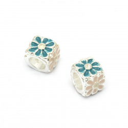 Metal Cube ART Bead with Painted Flowers, Silver with Pink and Blue, 10x10 mm, Hole: 5.5 mm