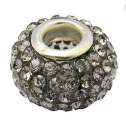 Art round bead, covered with gray crystals, Pandora type for jewelry accessories making 15x10 mm hole 5 mm