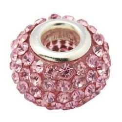 Art resin bead with pink crystals and metal core, Pandora type 15x10 mm hole 5 mm