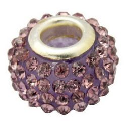 Round resin bead with purple crystals, fits Pandora type bracelets 15x10 mm hole 5 mm