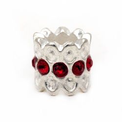 Art cylinder bead, Pandora style with red crystals 10x10 mm hole 5 mm