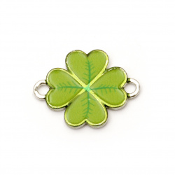Painted connecting element, metal four-leaf green clover 22x16.5x2 mm hole 1.5 mm color silver - 2 pieces