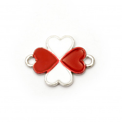 Connecting element,  metal clover white and red for handmade bangles 22x16.5x2 mm hole 1.5 mm color silver - 2 pieces