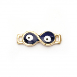 Connecting element, metal infinity sign blue with evil eye 23x8x3 mm hole 1.5 mm color gold - 2 pieces