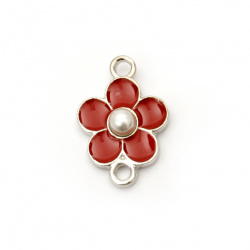 Jewelry finding  element, metal connector, red flower with a pearl 20x14x5 mm hole 1.5 mm color silver - 2 pieces