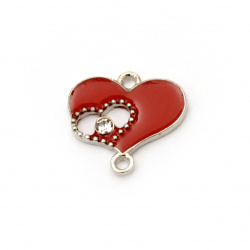 Metal connecting element heart with crystal 18x16x2 mm hole 1.5 mm color silver - 2 pieces