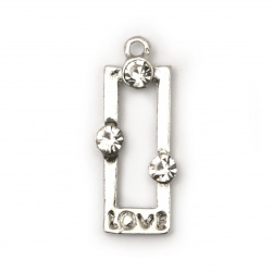 Rectangle pendant metal zinc alloy with crystals and carved inscription "Love" 30x13x4 mm hole 1.5 mm color silver - 2 pieces