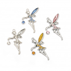Metal fairy pendant, zinc alloy with crystals 42x34x4 mm hole 1.5 mm color silver