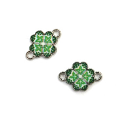 Connecting metal element green clover with tint crystal 15x10x2 mm hole 2 mm color silver - 5 pieces