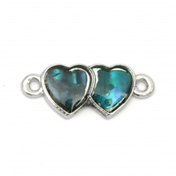 Metal hearts - jewelry metal findings - connector with mother-of-pearl 23x10x3 mm hole 2 mm - 5 pieces