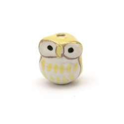 HANDMADE Porcelain Owl Bead, 15x14x13 mm, Hole: 2.5 mm, White / Painted