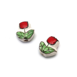 Mărgele de lalea din porțelan 16x14x7 mm gaură 3mm lucrate manual, culoare alb - 2 bucăți