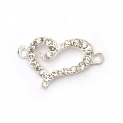 Jewelry connecting element heart metal zinc alloy with crystals  26x15x4 mm hole 2 mm color silver - 2 pieces