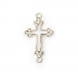 Connecting jewelry component - cross, metal zinc alloy with crystals 43x25x5 mm hole 3 mm color silver