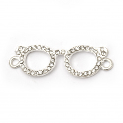 Connecting element, metal zinc alloy glasses with shiny crystals  37.5x11.5x3.5 mm hole 2 mm color silver