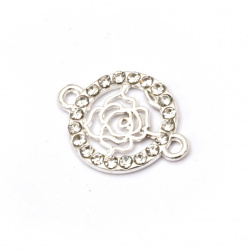 Round connecting jewelry component metal zinc alloy with rose in center and crystals around 22x16x2 mm hole 2 mm color silver