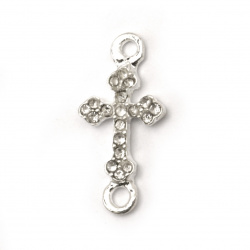Cross shape connecting element metal zinc alloy with crystals 22x10x3 mm hole 1.5 mm color silver