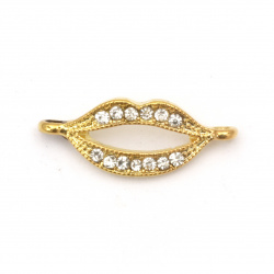 Fastener lips shaped metal zinc alloy with crystals 26x10x2 mm hole 1.5 mm color gold